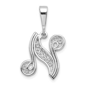 14k White Gold, Maci Collection, Filigree Script Initial N Pendant